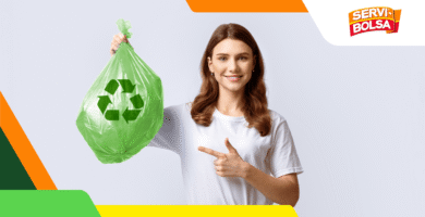 Woman holding a green recycled plastic bag with a recycling symbol, promoting eco-friendly and sustainable waste management.