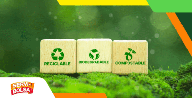Wooden blocks with the words recyclable, biodegradable, and compostable, representing sustainable and eco-friendly materials.