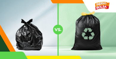 Comparison between a traditional plastic trash bag and a recycled plastic bag with a recycling symbol, illustrating environmental impact differences.