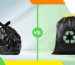 Comparison between a traditional plastic trash bag and a recycled plastic bag with a recycling symbol, illustrating environmental impact differences.