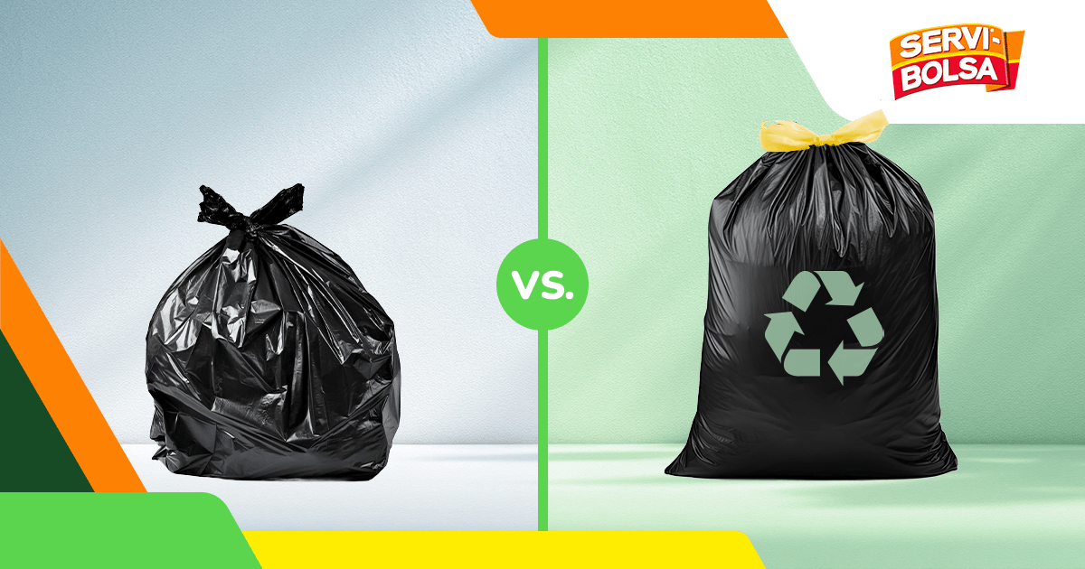 Comparison between a traditional plastic trash bag and a recycled plastic bag with a recycling symbol, illustrating environmental impact differences.